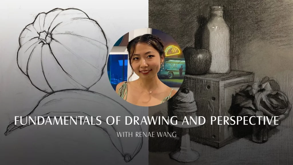 Artist drawing a still-life arrangement of geometric and organic objects on toned paper using charcoal and white chalk.