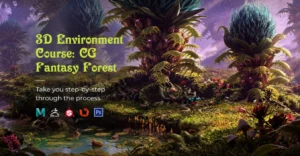 Lush CG fantasy forest with mossy rocks, twisted trees and volumetric light