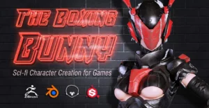 Stylized female cyborg bunny boxer with boxing gloves in 3D render