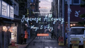 Photorealistic 3D Japanese alleyway at night with lanterns and wet pavement