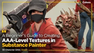 Stylized game character suit textured in Substance Painter, fabric metal leather details