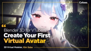 Anime-style 3D VTuber girl avatar with brown hair in Blender viewport