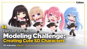 Cute SD anime character modeled in Blender with bob hair and school uniform