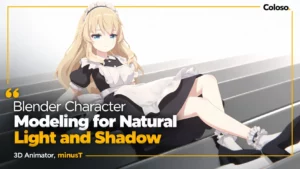 Anime-style 3D girl with long curly hair in swimsuit and maid outfit, Blender viewport