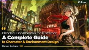 Anime character standing in detailed 3D cyberpunk city background