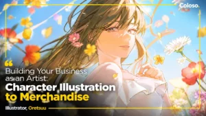Anime male and female character illustrations with colorful merchandise products