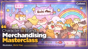 Cute cat characters on stickers, keychains, badges and plushies on desk