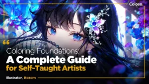 Anime girl illustration with vibrant lighting and detailed coloring on dark background