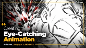 2D animator drawing dynamic sword fight action scene with speed lines
