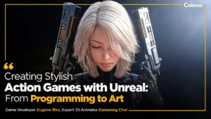 Realistic female game character with sword and gun in combat scene