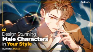 Stylized male anime character bust with dynamic lighting on dark background