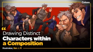 Three anime-style characters interacting in dynamic poses with dramatic lighting
