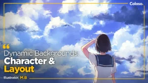 Anime character in vast dramatic sky landscape with strong depth