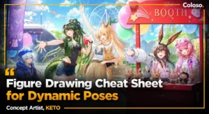 Anime-style female character in dynamic pose with perspective grid and anatomy sketches