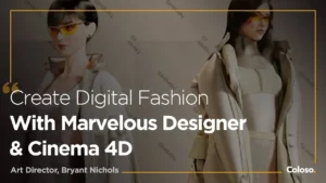 3D female avatar in futuristic digital costume on dark runway