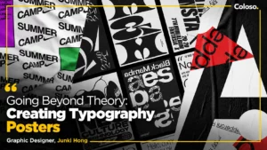 Bold typography posters with custom lettering pinned on a dark studio wall