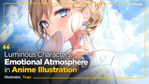 Anime girl illustration with sparkling light and seasonal atmosphere