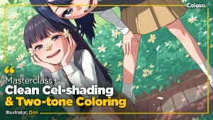 Anime girl illustration with clean cel-shading and two-tone shadows in warm light