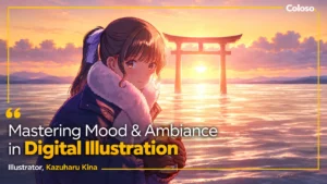 Anime girl backlit at sunset in a field with clouds and mountains