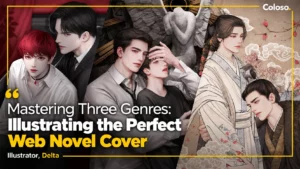 Semirealistic web novel couple cover illustration with detailed costumes