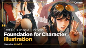 Anime-style character front, side and back views on grey background