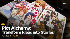 Desk with light novel plot outline, character sheets and story notes