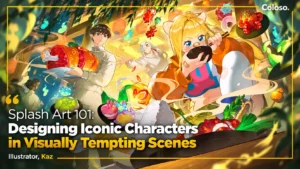 Anime girl with fantasy food spread in colorful splash art scene