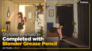 Stylized 2.5D cafe character drawn with Blender Grease Pencil in 3D space