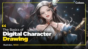 Stylized game character portrait with construction lines and color swatches