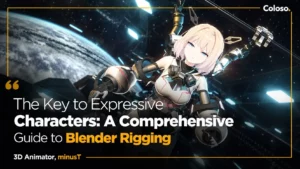 3D anime-style character rig with visible bones and controllers in Blender