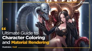Game character illustrations showing leather armor dress and metal material rendering