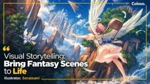 Fantasy sky castle with reflective water, girl character and clouds